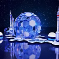 Starry Sky Themed Photo Spot With Transparent Spherical Structure And Rocket Models Reflective Floor
