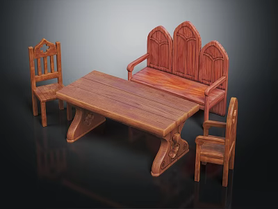Wooden Table and Chairs Set with Carved Bench and Classic Design 3d model