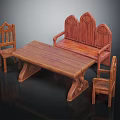 Wooden Table and Chairs Set with Carved Bench and Classic Design