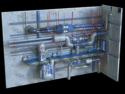 Industrial Wall With Complex Pipe Network And Mechanical Equipment Installation System 3d model