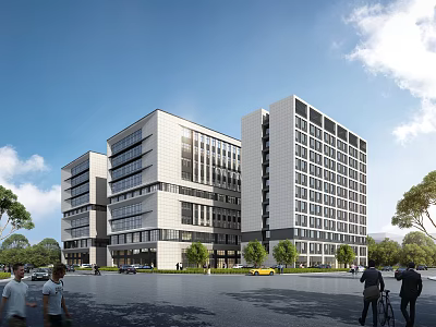Aerial Planning of Modern Multi storey Buildings With Trees Pedestrians Road and Blue Sky 3d model