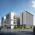 Aerial Planning of Modern Multi storey Buildings With Trees Pedestrians Road and Blue Sky