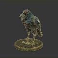 Cybernetic Crow Character With Red Glowing Eyes Metallic Body And Silver Base