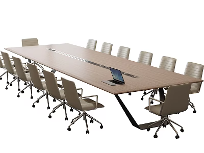 Modern Wooden Conference Table With Laptop And Rolling Office Chairs For Business 3d model