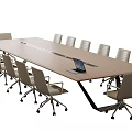 Modern Wooden Conference Table With Laptop And Rolling Office Chairs For Business