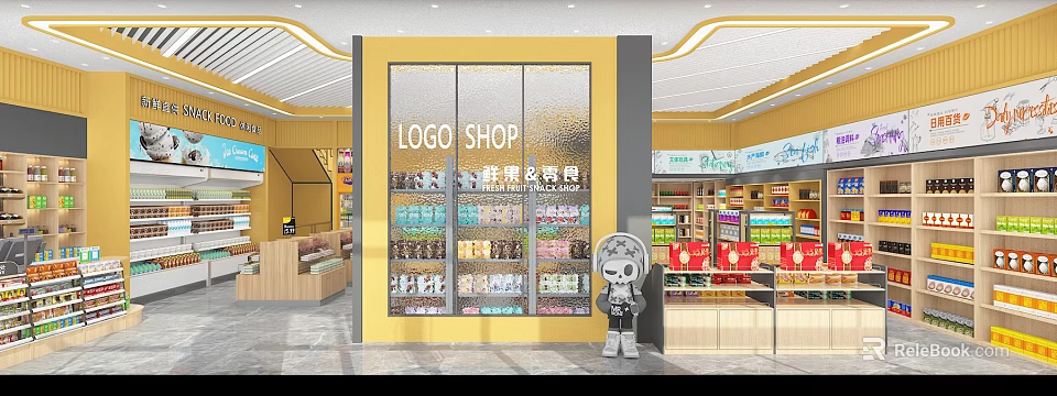 Supermarket Grocery Store with Fresh Fruits Bread Snacks Drinks and Cartoon Figure in Bright Interior 3d model 