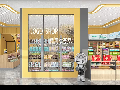 Supermarket Grocery Store with Fresh Fruits Bread Snacks Drinks and Cartoon Figure in Bright Interior 3d model