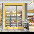 Supermarket Grocery Store with Fresh Fruits Bread Snacks Drinks and Cartoon Figure in Bright Interior