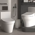 Modern Bathroom White Toilets Design With Gray Walls Shelf And Trash Can