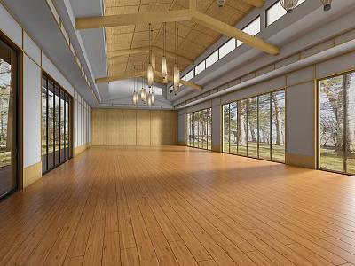 Spacious Natural Conference Room With Wooden Flooring Large Glass Windows Wooden Beams And Pendant Lights 3d model
