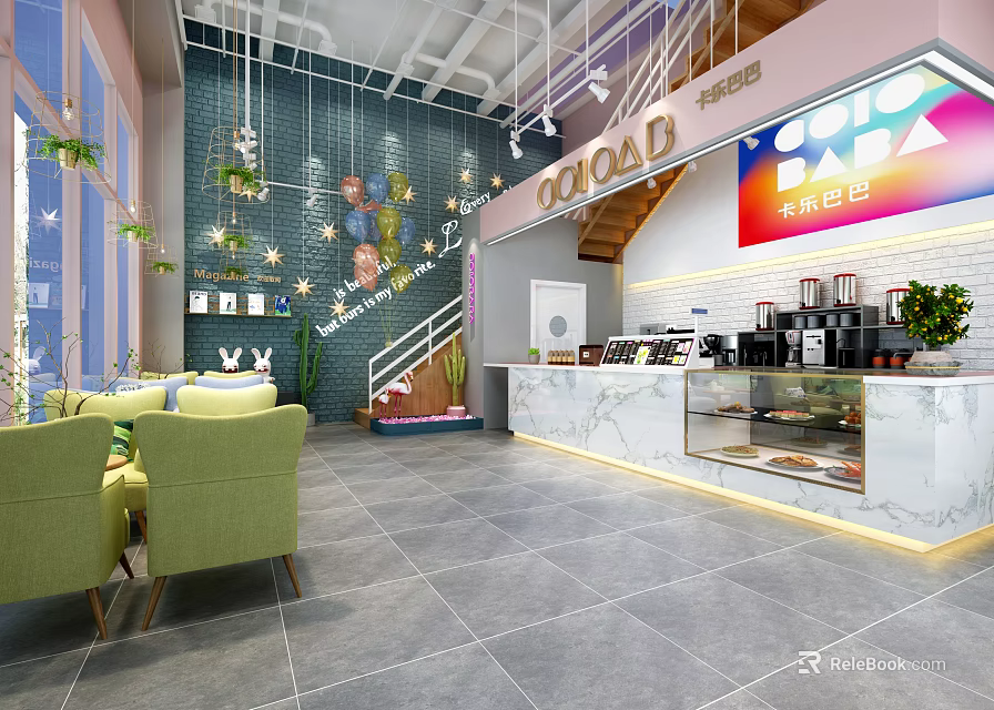 Cozy Modern Milk Tea Shop Interior With Green Sofas And Marble Counter 3d model 