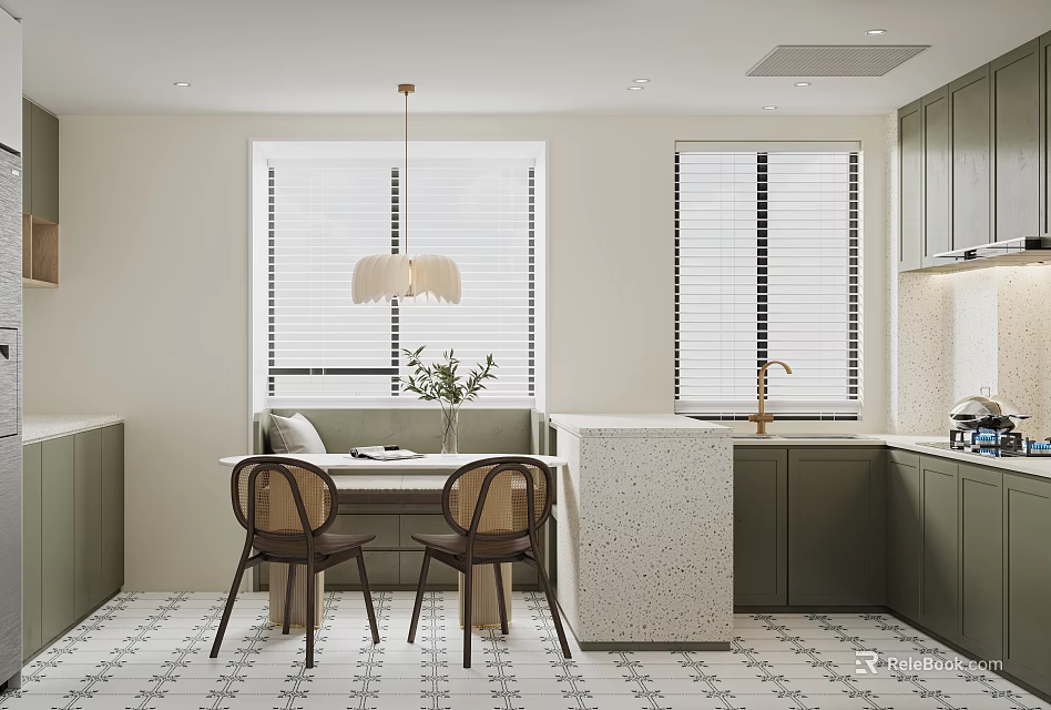 Modern Kitchen Interior With Dark Green Cabinets Light Countertop Window Blinds Pendant Light Dining Table 3d model 