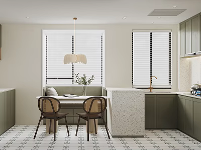 Modern Kitchen Interior With Dark Green Cabinets Light Countertop Window Blinds Pendant Light Dining Table 3d model