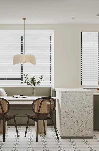 Modern Kitchen Interior With Dark Green Cabinets Light Countertop Window Blinds Pendant Light Dining Table 3d model