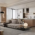 Modern Open Living Dining Area With Sofa Coffee Table Rug And Kitchen Cabinets