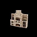 Traditional Brick Kitchen Cabinets With Storage Shelves Clay Pots And Hanging Pans