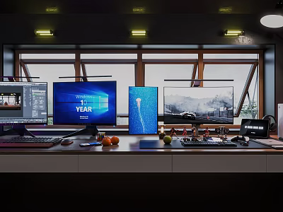 Professional Computer Workstation Setup With Multiple Monitors And Desktop Accessories 3d model