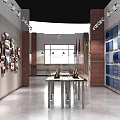 Showroom Interior with Wall Photos Blue Fabric Samples Brick Walls Windows and Table Sculptures