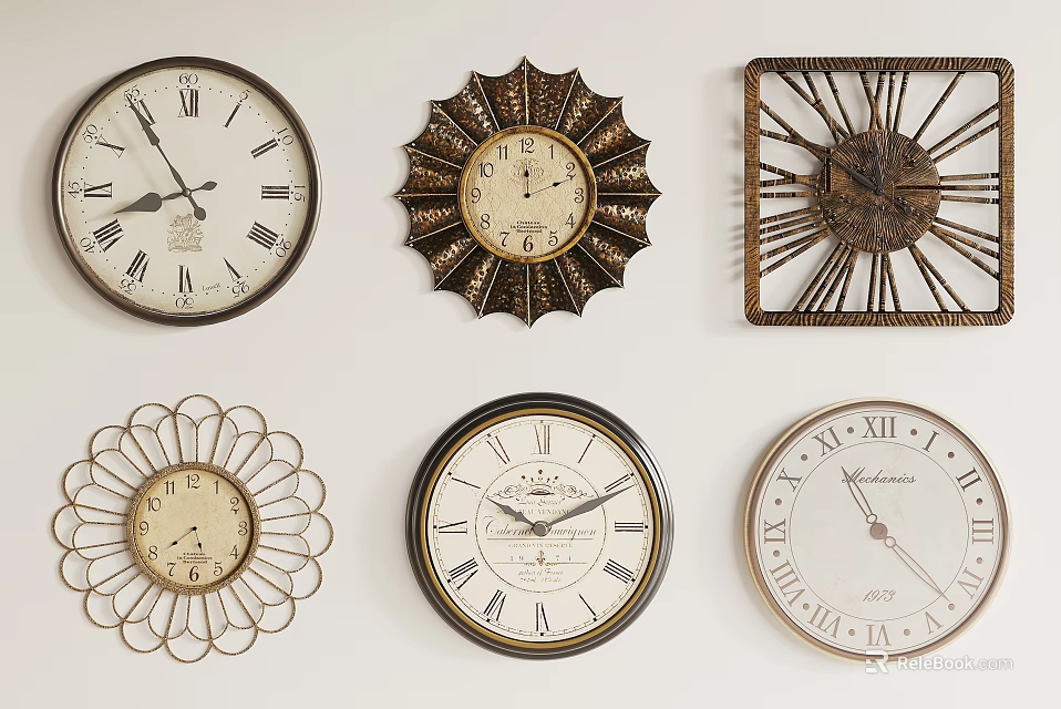 Vintage Decorative Wall Clocks With Various Designs And Roman Numerals 3d model 