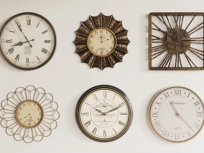 Vintage Decorative Wall Clocks With Various Designs And Roman Numerals 3d model