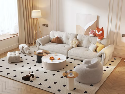 Beige Sofa and Round Coffee Table Set with Black White Checkered Rug Plush Toys 3d model
