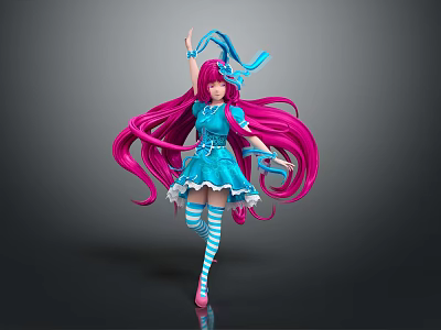 Stylish Anime Character With Pink Long Hair Blue Dress And Striped Socks 3d model