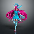 Stylish Anime Character With Pink Long Hair Blue Dress And Striped Socks
