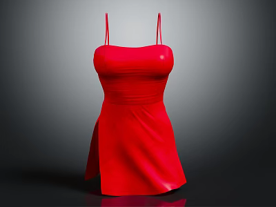 Stylish Red Spaghetti Strap Dress With Fitted Waist And Flowing Skirt 3d model