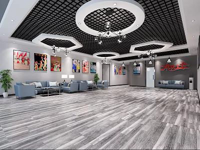 Modern Lounge Area Interior With Comfortable Sofas Artworks Chandeliers And Wooden Flooring 3d model
