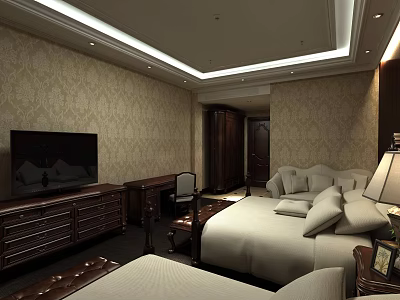 Luxurious Hotel Room Interior With King Bed TV Writing Desk And Elegant Wallpaper 3d model