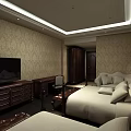 Luxurious Hotel Room Interior With King Bed TV Writing Desk And Elegant Wallpaper