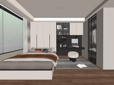 Modern Tatami Bedroom Interior With White Wardrobes Wooden Floor Study Desk And Window Blinds 3d model