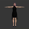 A woman with pink hair in black dress arms outstretched against gray background