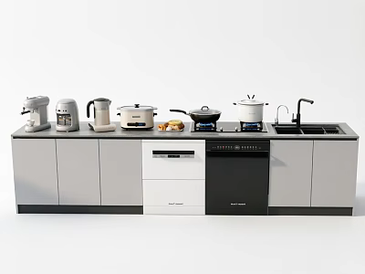 Modern Kitchen Countertop With Daily Appliances Coffee Maker Kettle Pots And Stove 3d model
