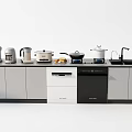 Modern Kitchen Countertop With Daily Appliances Coffee Maker Kettle Pots And Stove