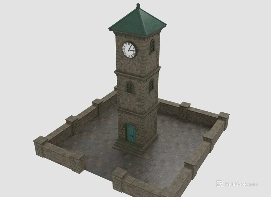 Stone Brick Clock Tower Featuring Green Roof White Clock And Surrounding Square Wall 3d model 