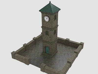Stone Brick Clock Tower Featuring Green Roof White Clock And Surrounding Square Wall 3d model