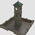 Stone Brick Clock Tower Featuring Green Roof White Clock And Surrounding Square Wall 3d model