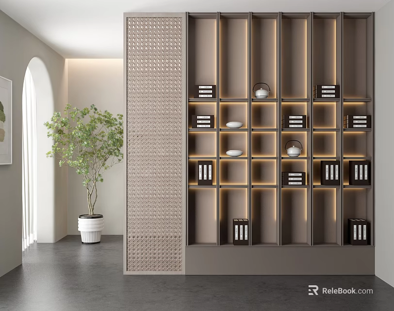 Modern Decorative Cabinet With Multi Layered Grid Design LED Lighting And Potted Plant 3d model 
