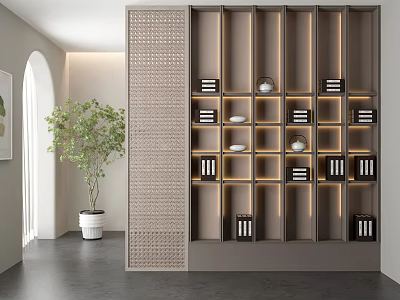 Modern Decorative Cabinet With Multi Layered Grid Design LED Lighting And Potted Plant 3d model