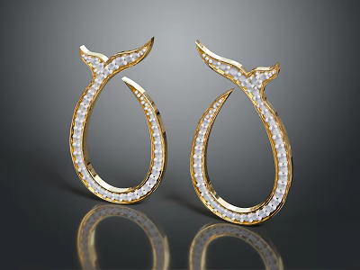 Elegant Gold Fish Tail Shape Earrings Inlaid With White Gemstones Design 3d model