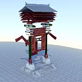 Traditional Chinese Red Gate With Green Pillars Decorated Roof And Stone Steps