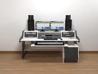 Functional Workstation Desk With Dual Monitors Keyboard Speakers And Electronic Devices Setup 3d model