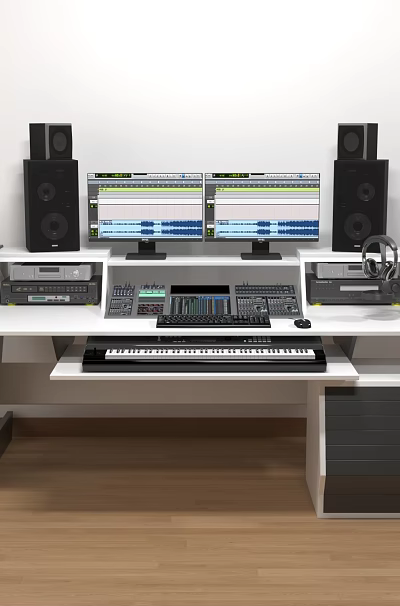 Functional Workstation Desk With Dual Monitors Keyboard Speakers And Electronic Devices Setup 3d model