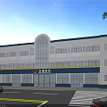 Multi Story Office Building White Blue Exterior Arched Window Parking Area And Surrounding Trees