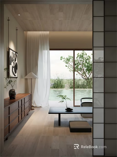 Serene Modern Tea Room Interior With Wooden Cabinet Large Sliding Doors And Garden Pool View 3d model 