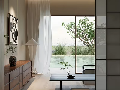 Serene Modern Tea Room Interior With Wooden Cabinet Large Sliding Doors And Garden Pool View 3d model