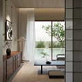 Serene Modern Tea Room Interior With Wooden Cabinet Large Sliding Doors And Garden Pool View
