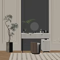 Modern Elegant Vanity Table with Round Mirror Golden Metal Legs Decorative Plant and Stool