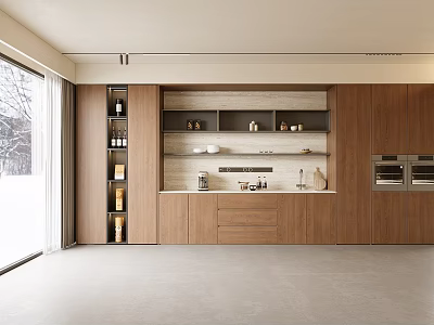 Modern Kitchen Interior Design With Stylish Wooden Sideboard And Storage Shelves 3d model